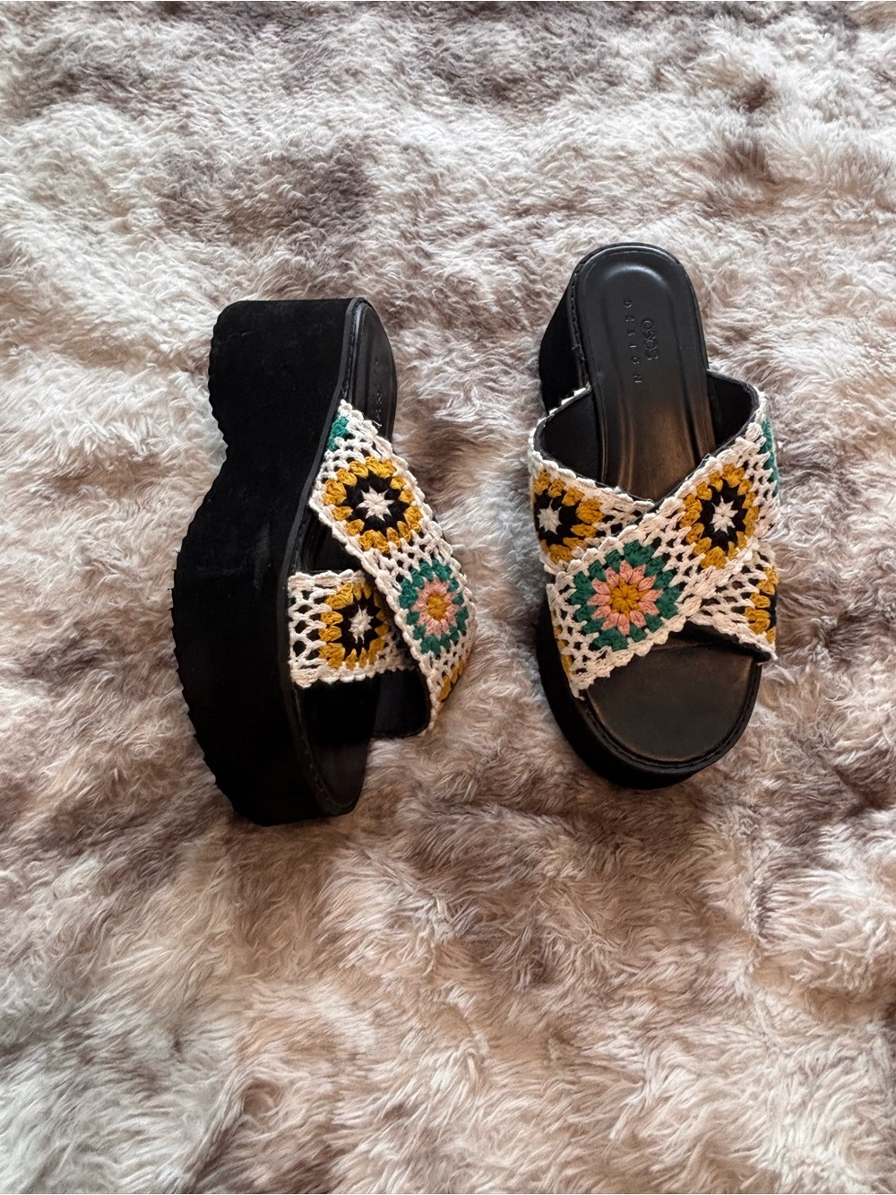 ASOS Black Platform Mules with Multicolor Crochet Crossband